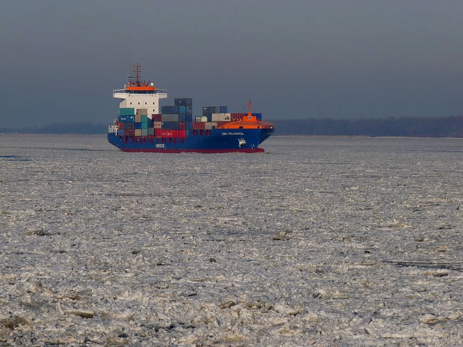 Témpano de hielo, contenedor, marítimo, Elba, río, después de Hamburgo, puerto, portacontenedores, carga, envío