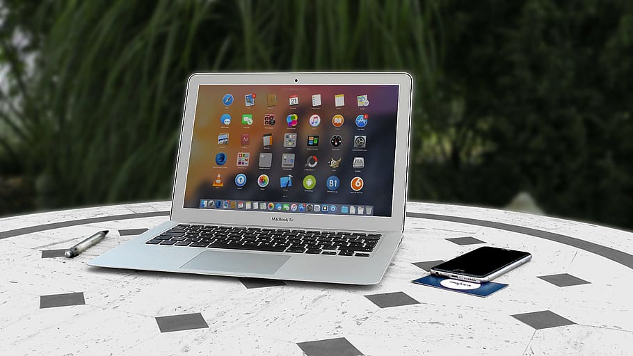 MacBook Air, al lado, espacio, gris, iPhone 6, superior, mesa, oficina, lanzador, computadora