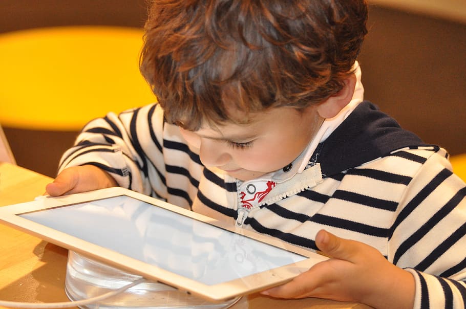 boy, white, black, striped, shirt, holding, tablet computer, child, tablet, technology