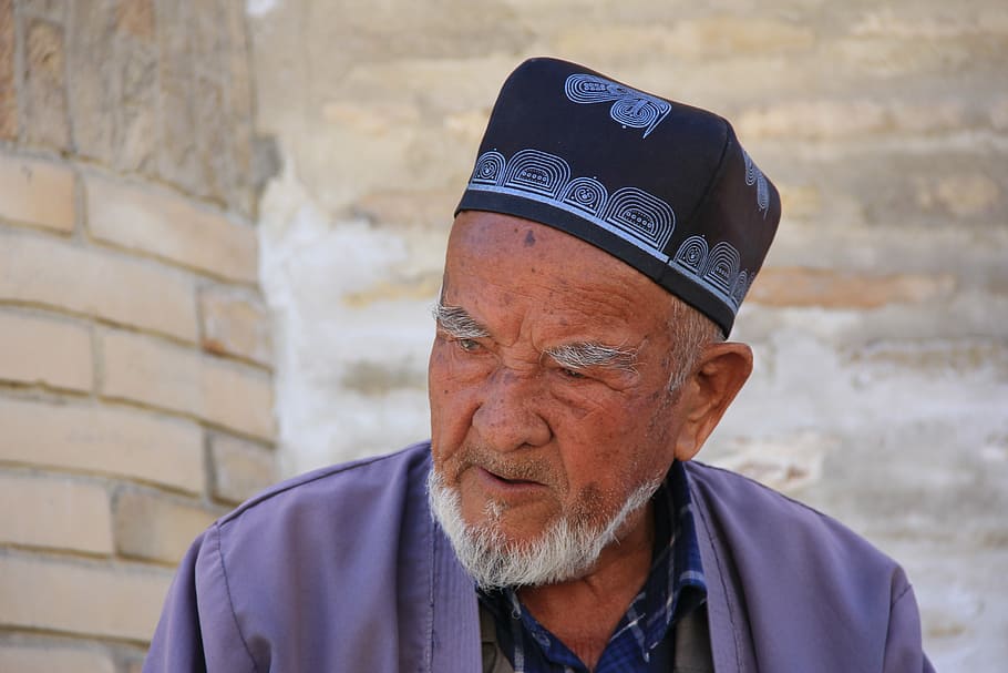 idosos, tio, homens, uzbeque, tradição, muçulmano, barba, boné, roxo, homem