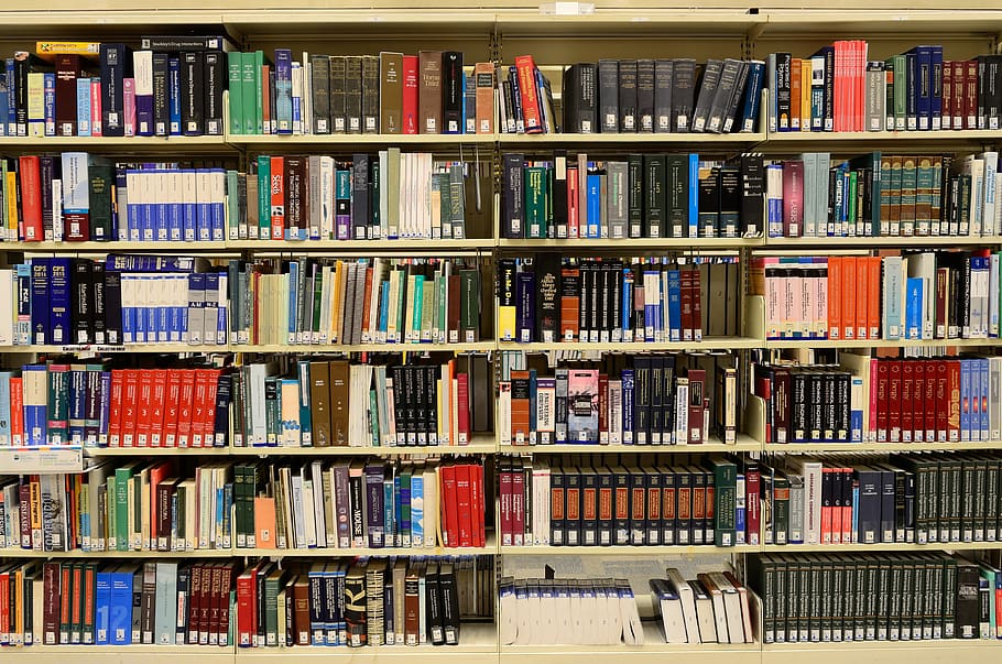 assorted-title books display, shelf, library, books, knowledge, information, bookshelves, bookshelf, data, college