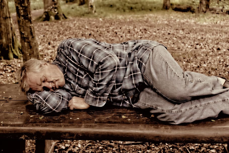 man, black, pants, sleeping, brown, bench, person, sleep, park bench, homeless