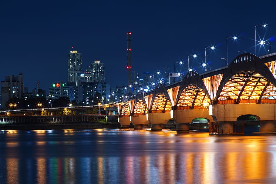 bridge, nightscape, river, reflection, cityscape, night, light, seoul, built structure, architecture