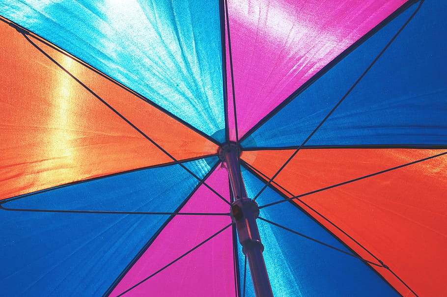 low, angle photography, multicolored, umbrella, beach umbrella, beach, sun, summer, vacation, holiday