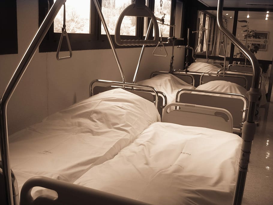 white hospital bed, Hospital, Station, Bed, hospital, station, bedside, rod, gallows, ceiling, covered