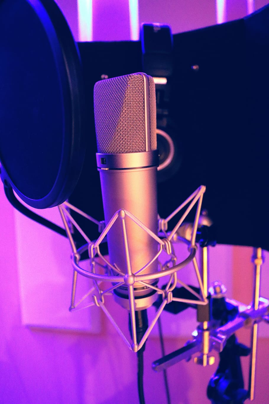 closeup, silver condenser microphone, pop filter, music, studio, music studio, sound, audio, recording, equipment