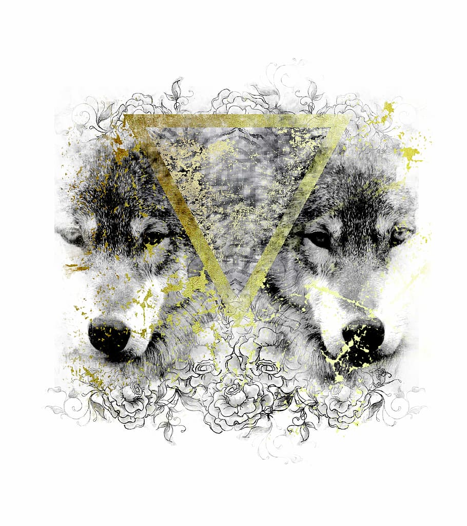 two, black, white, wolf illustration, wolves, geometric, wild, animal themes, animal, white background