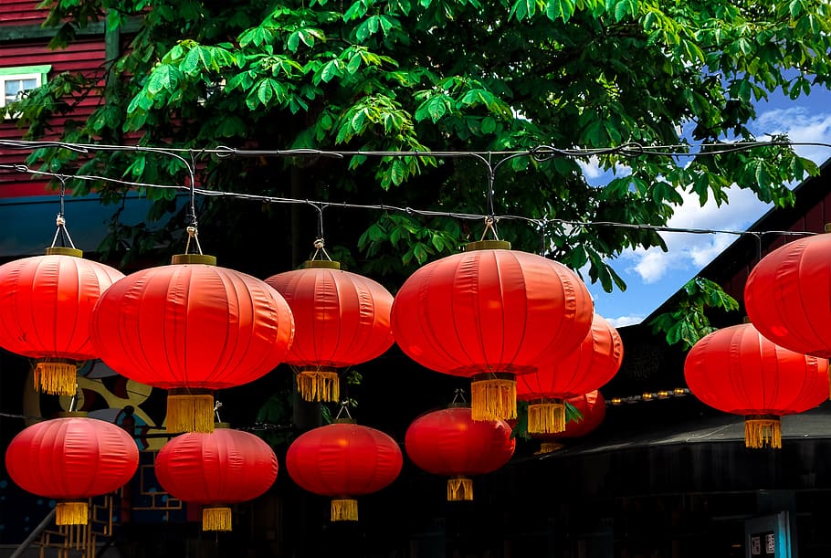 lampu pengganti, Cina, lentera, upacara, kertas, merah, pencahayaan, tradisional, festival, lentera cina