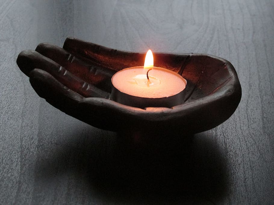 black, wood, carve, hand candle holder, white, top, brown, surface, black wood, hand