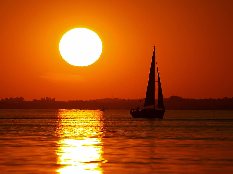 Landscape, Water, Twilight, Sun, sunset, orange color, silhouette, reflection, sailboat, sky
