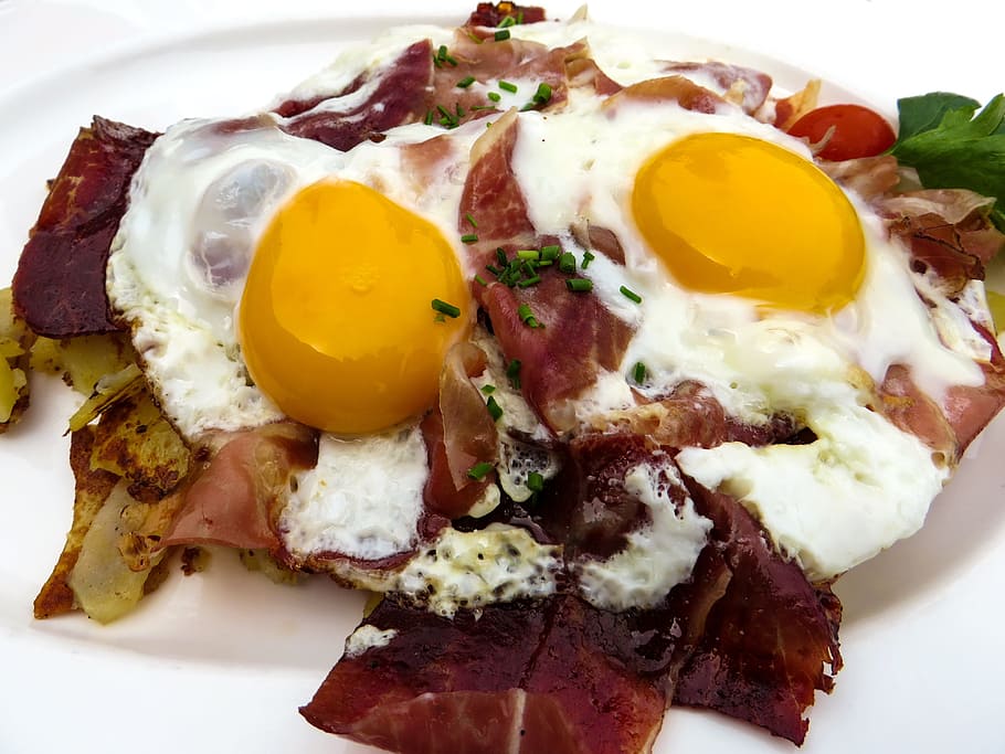 meat, fried, egg toppings, Egg, Bacon, Breakfast, Good Morning, Eat, food, delicious