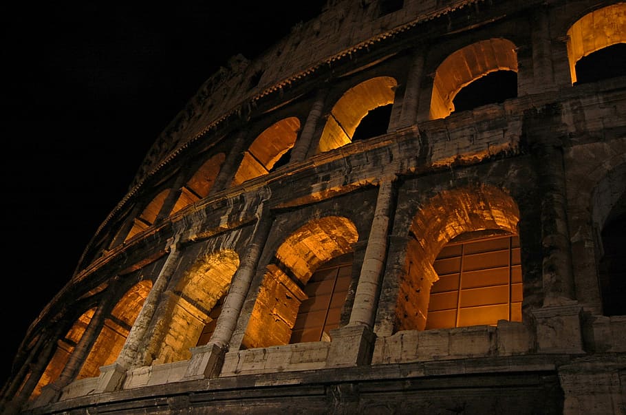 Rome, Colosseum, Night, coliseum, amphitheater, rome - Italy, roman, architecture, old Ruin, stadium