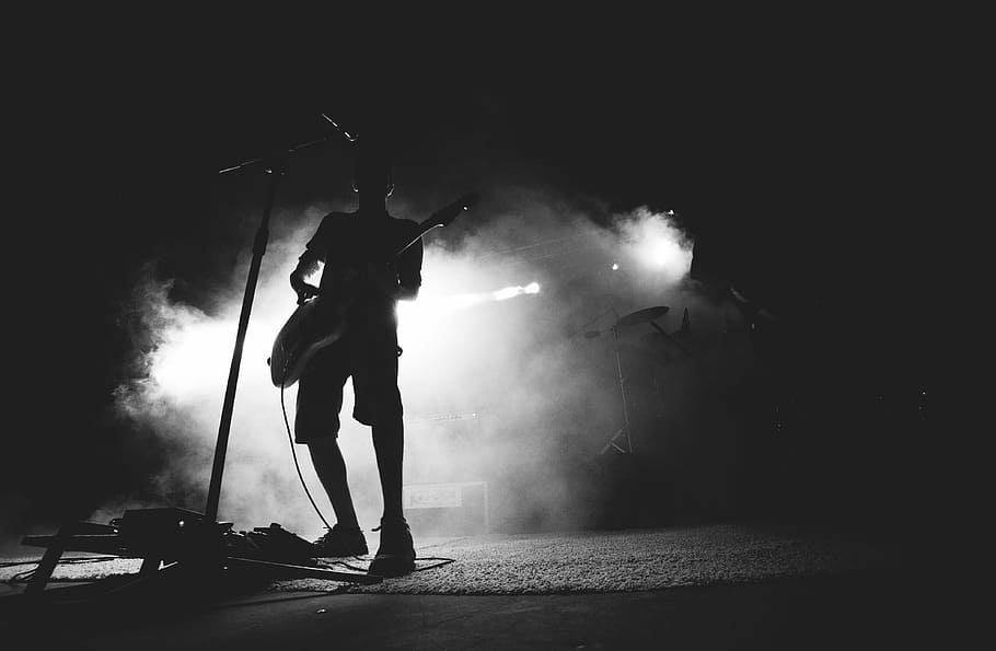 man, playing, guitar, front, microphone, silhouette, guy, male, people, stand
