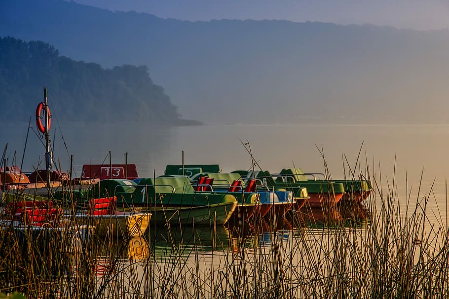 green, blue, bass boats docks, body, water, sunrise, dawn, laacher lake, rhineland palatinate, reflection