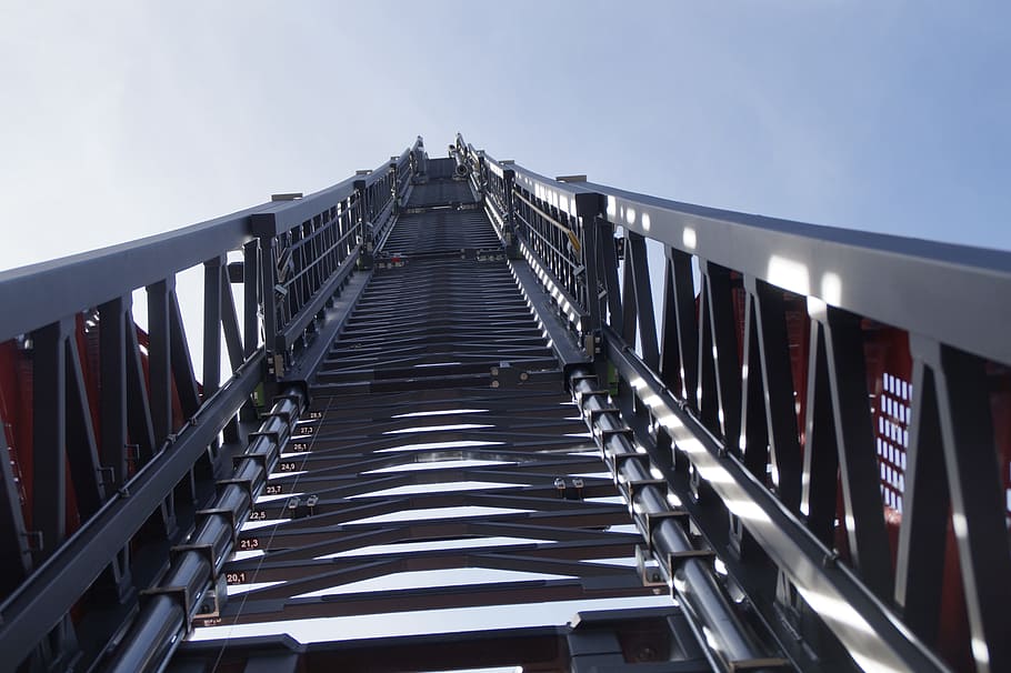 focus photography, gray, steel railings, Turntable Ladder, Fire, Sky, grey, fire truck, delete, ladder