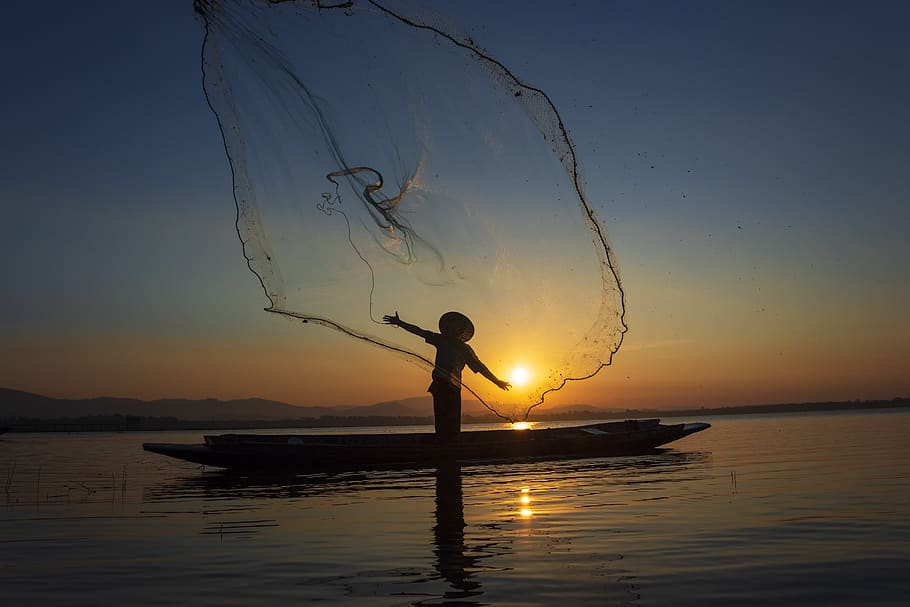 throwing, vietnamese, beautiful, vietnam, laos, sun, thailand, catch, landscape, fisherman