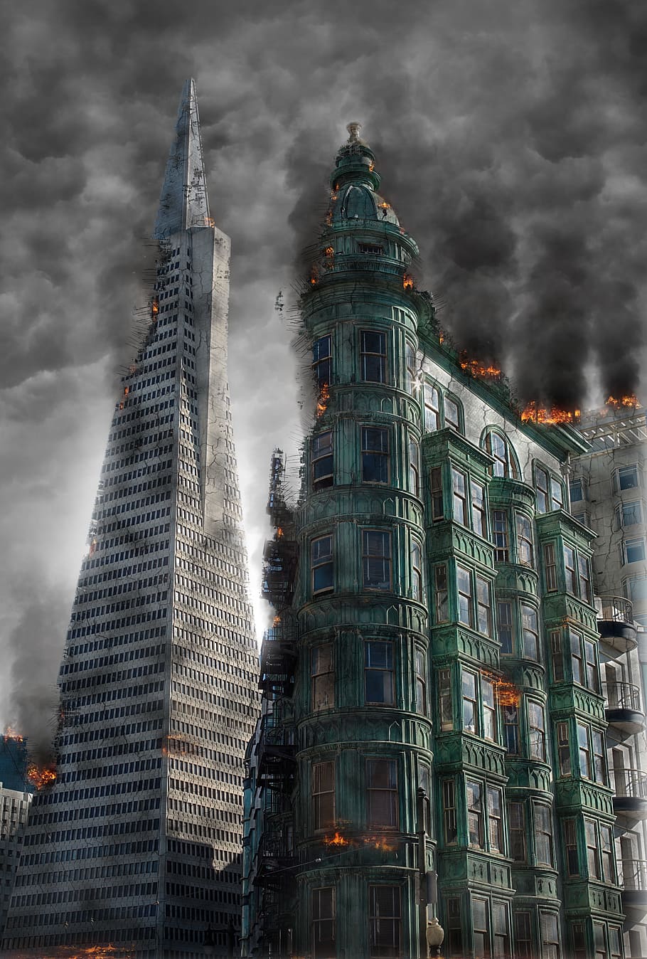 destruido, edificios, gris, ilustración del cielo, armageddon, destrucción, apocalipsis, desastre, guerra, fuego