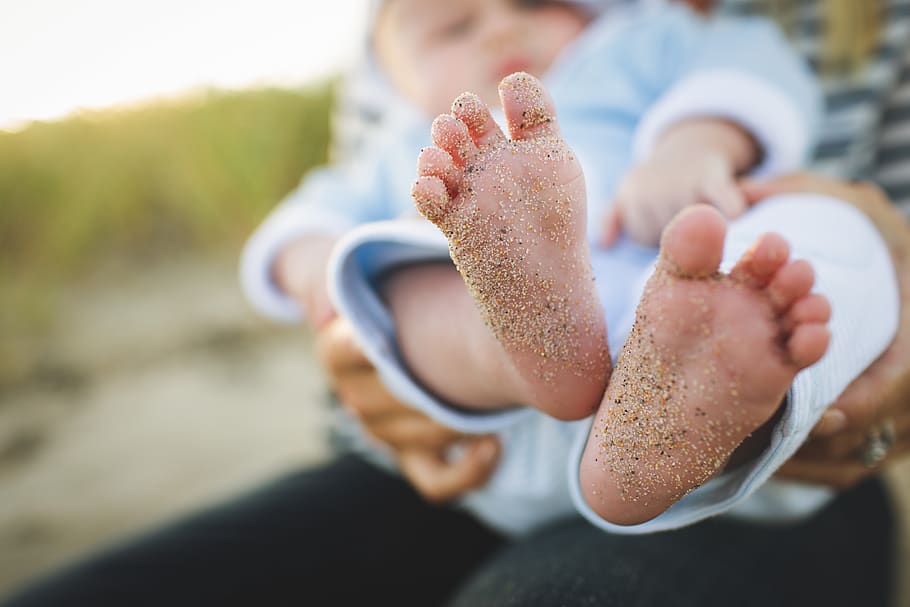 bebê, pés, areia, família, pessoas, dedos dos pés, dia, foco no primeiro plano, close-up, mão humana