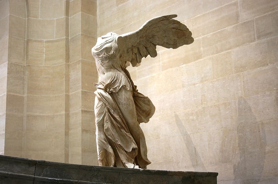angel statue, samothrace, greek sculpture, marble, louvre, museum, sculpture, statue, representation, art and craft