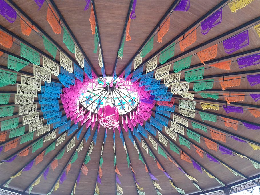 papel picado, kiosk, coyoacán, multi colored, pattern, indoors, full frame, backgrounds, design, architecture