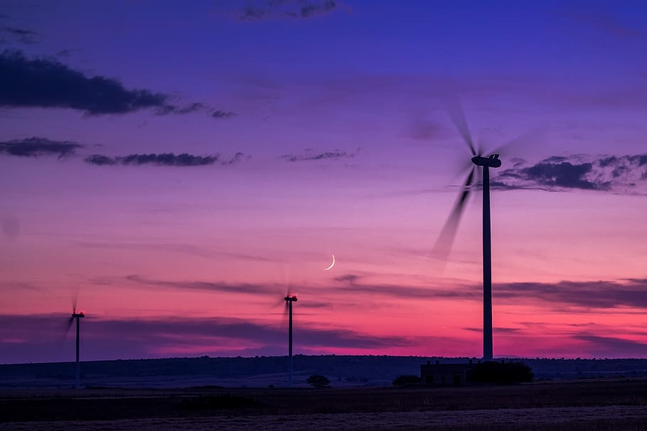 風車, 風力発電所, 風, 日没, 風の刃, 風力タービン, 再生可能エネルギー, ルナのシルエット, 燃料と発電, 空