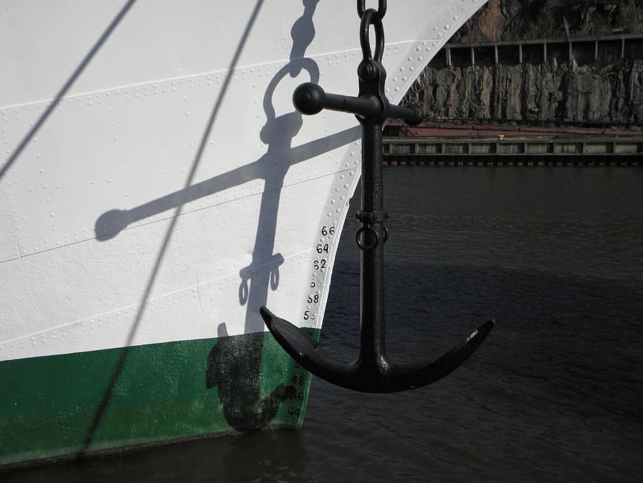 anchor, ship, shipping, port, ship anchor, sea, shadow, water, metal, nautical vessel