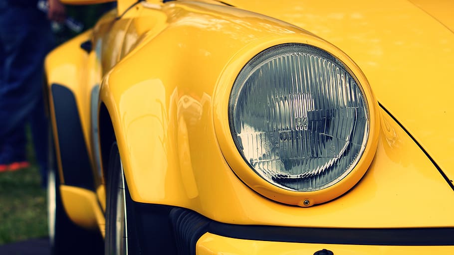 close-up photo, yellow, vehicle headlight, relax, hobby, car, porsche, turbo, oldtimer, monument