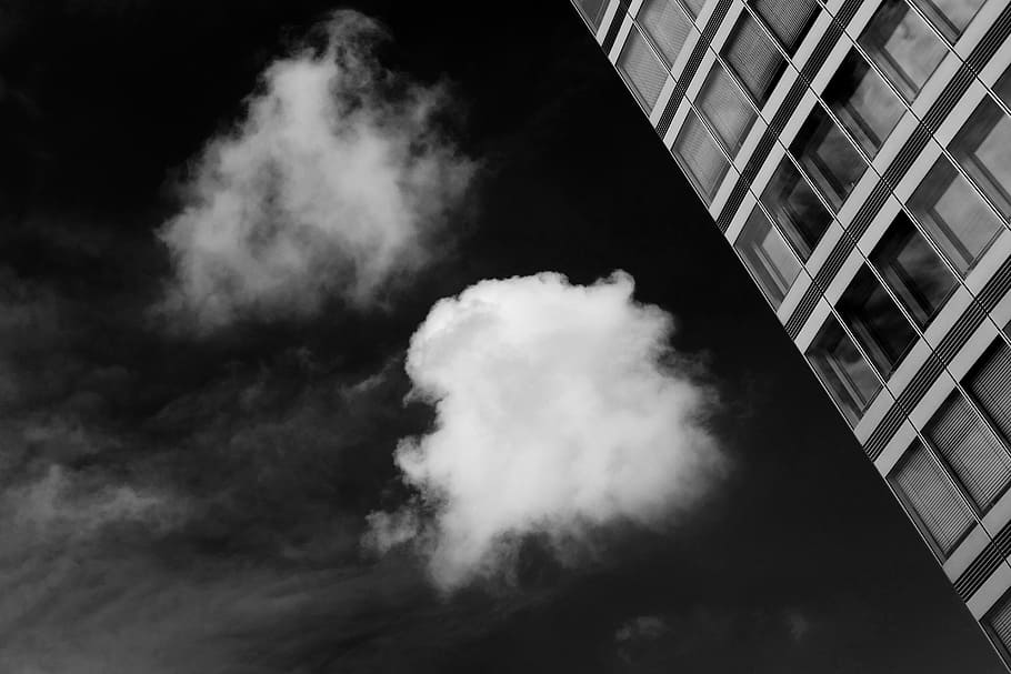 grayscale photo, smoke, architecture, building, infrastructure, black, white, black and white, clouds, sky