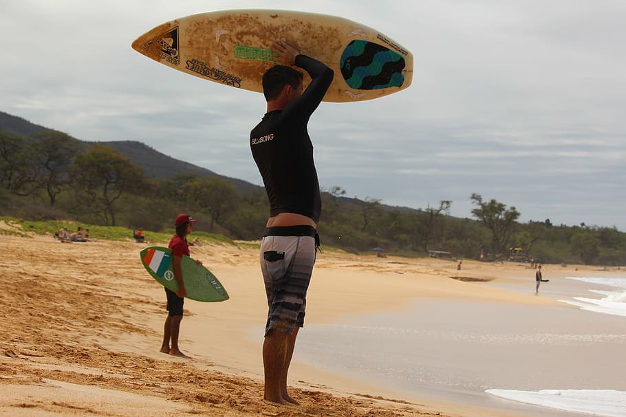 beach, surfboard, surfer, maui, hawaii, sea, real people, land, full length, men