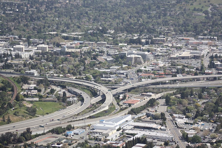 Freeway, Overpass, Suburbia, Traffic, way, aerial, architecture, city, cityscape, building
