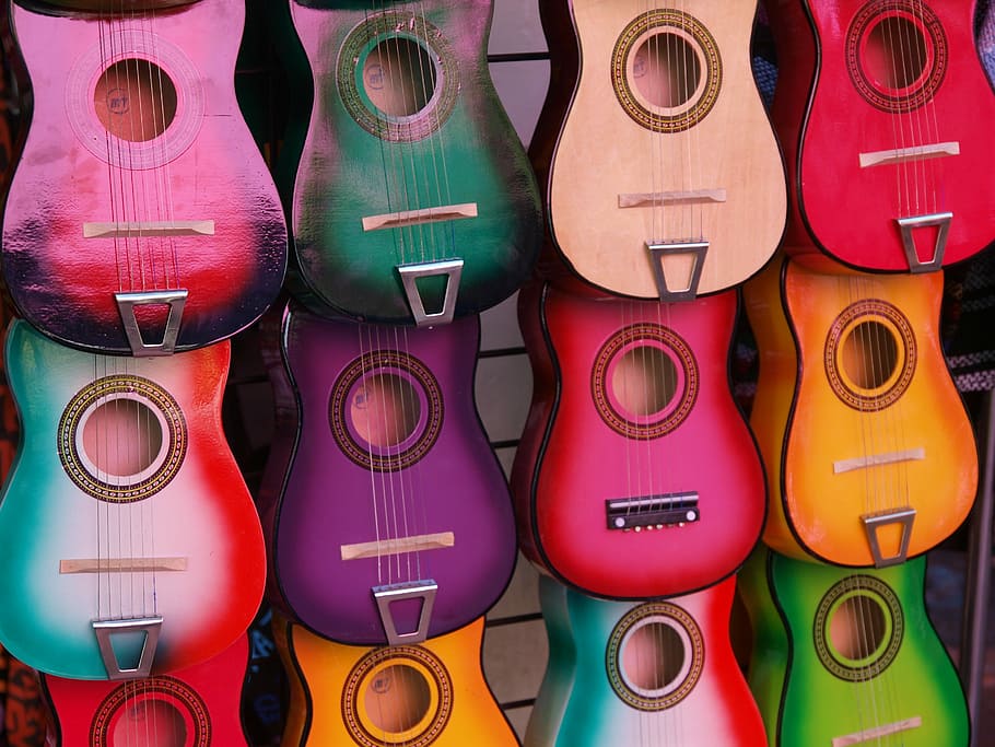 assorted-color guitar lot, play, isolated, child, color, fun, art, desktop, toy, cute