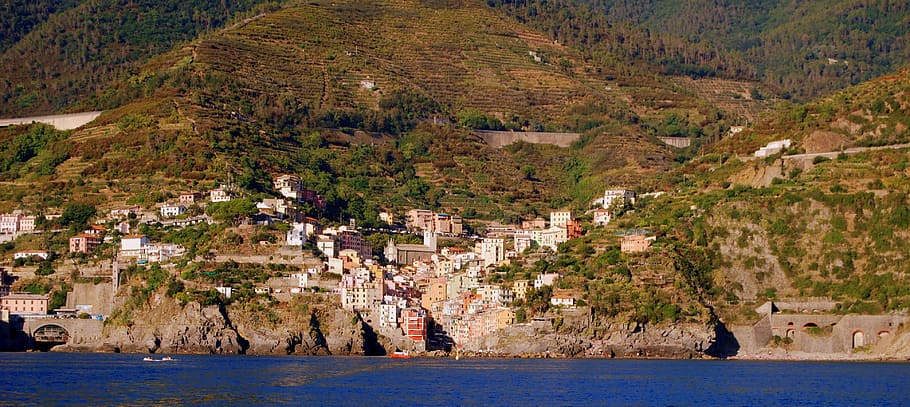 sea, mountain, riomaggiore, liguria, italy, cinque terre, water, architecture, land, built structure