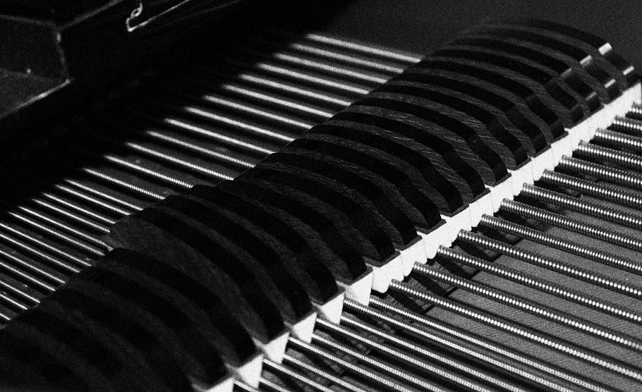 plan, piano, grand piano, hammers, strings, dampers, soundboard, black Color, close-up, piano Key