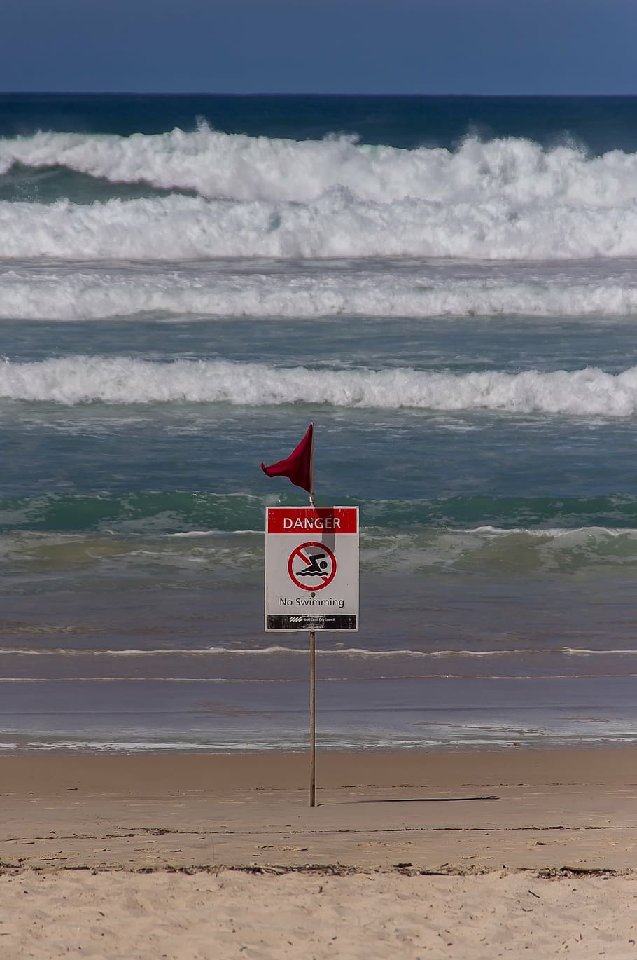 surf, beach, danger, sign, rough, sand, sea, wave, breaker, white