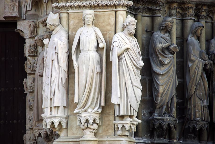 reims, cathedral, pilaster, french gothic architecture, portal, statues, religious, worship, religion, christian