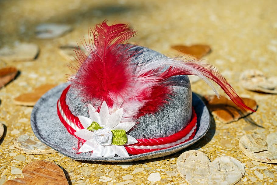 gray, red, feather, themed, hat, trachtenhut, costume, bavarian, romance, folk festival