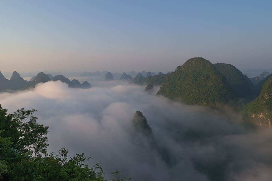 sunrise, yangshuo, china, fog, mountains, hill, tv tower, landscape, mist, tree