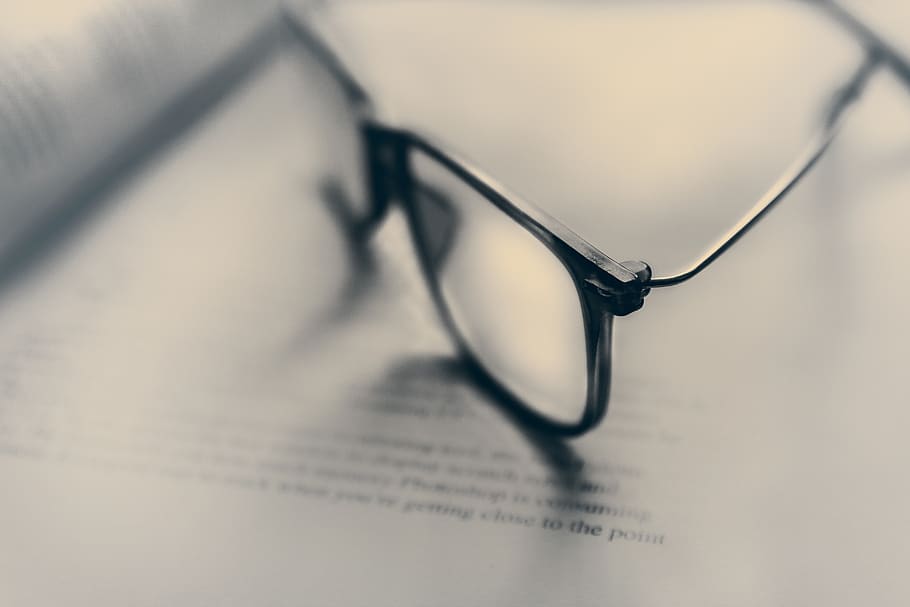 eyeglasses, frame, lens, read, book, letters, glasses, close-up, selective focus, paper