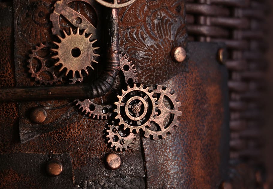 steampunk, gear, retro technology, fantasy, rivets, metal, retro, teeth, antique, mechanism