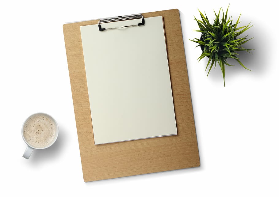 白, プリンター用紙, 茶色, クリップボード, 机, 白い背景, 植物, コーヒー, 描画パッド, オフィス