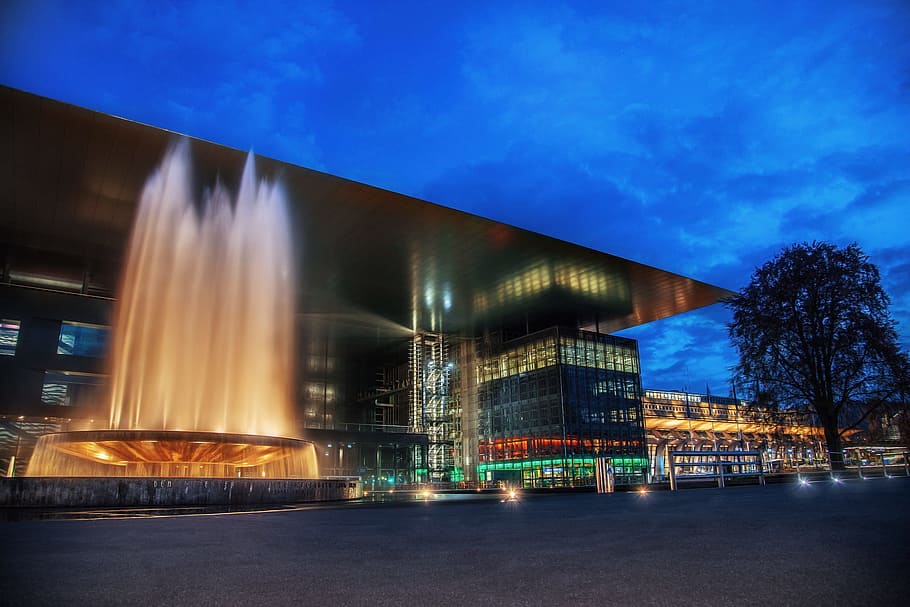 kkl, lucerne, blue sky, illuminated, night, architecture, built structure, water, motion, blurred motion