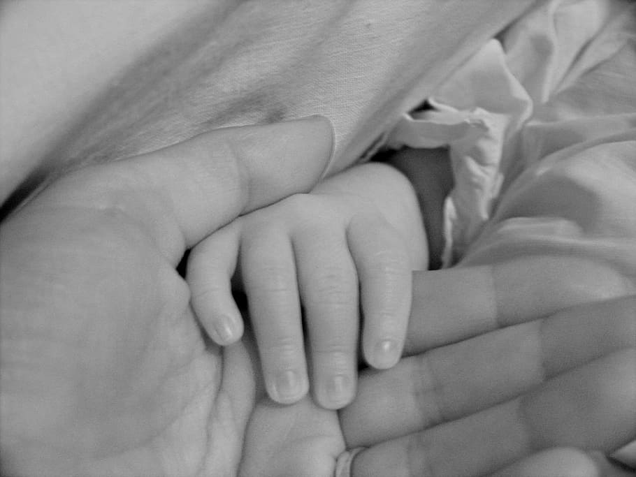 gray, scale photography baby, holding, person, hand, toddler, adult, mother, baby, hands