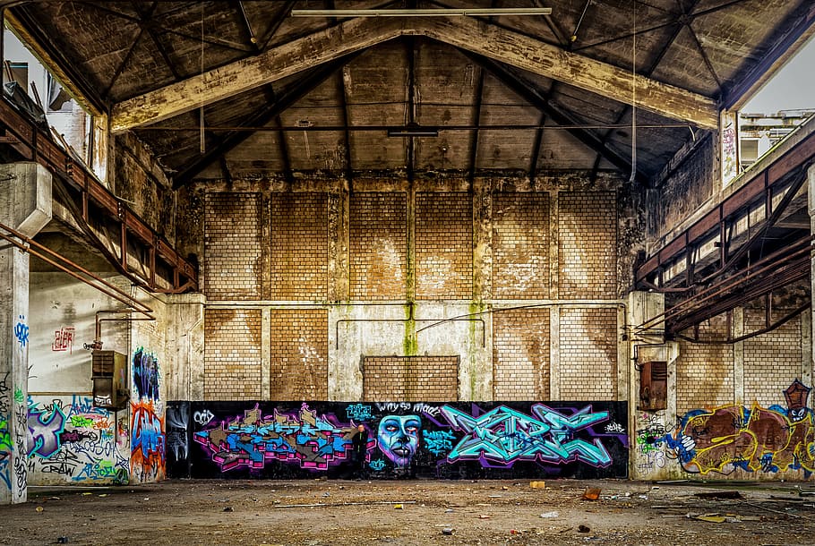 graffiti artwork, lost places, factory, hall, man, alone, graffiti, colorful, art, street art
