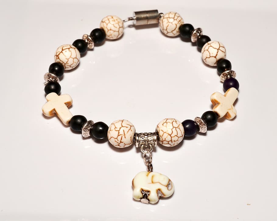 beaded, beige, black, bracelet, white, jewelry, cross, elephant, beads, studio shot