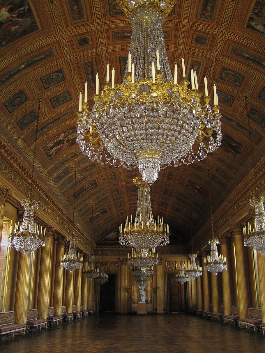 chandeliers, hanging, ceiling, inside, building, hanging on, chandelier, royal palace, compiègne, ballroom