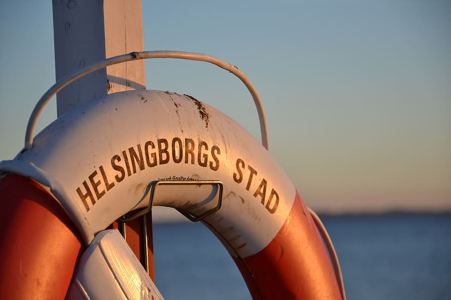 helsingborg, sea, lifebuoy, water, sky, nature, text, day, safety, clear sky