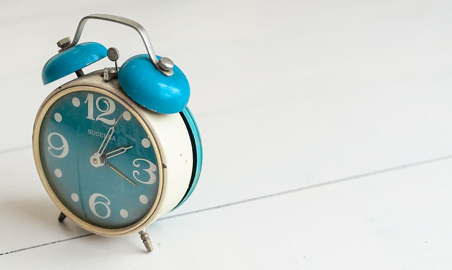 white, teal bell alarm clock, alarm, clock, time, hour, minute, watch, retro, second