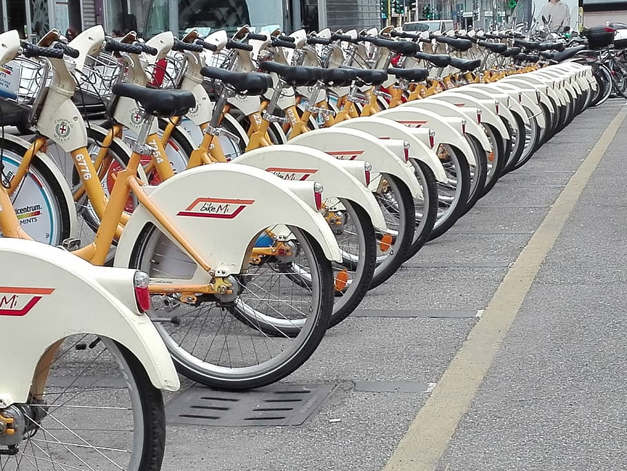 milan bike, bikemi, spring, bicycles, bike sharing, city, transportation, mode of transportation, land vehicle, in a row