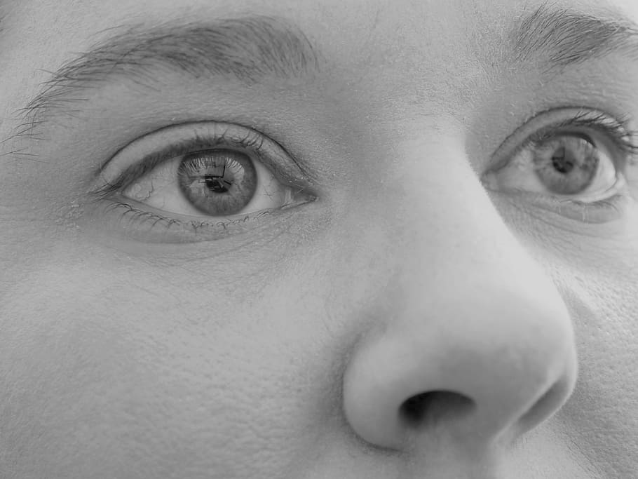 grayscale photo, person face, eyes, nose, face, person, looking
