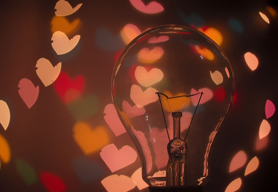 light bulb, hearts, bokeh, blurry, lights, lighting equipment, illuminated, close-up, night, creativity